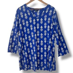 Charlie‎ Paige Blouse Novelty Blue Pineapple Tunic L XL Artsy Beach 100% Cotton